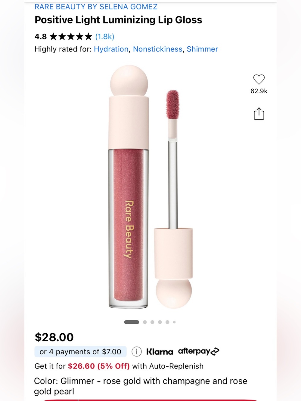 New Rare Beauty Positive Light Lip Gloss — Rose Champagne Shimmer. Full size